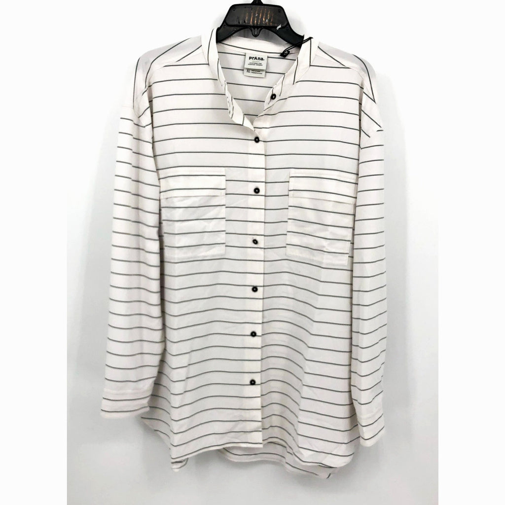 PRANA Womens Railay Tunic Top XL White Stripe Long Sleeve Button Up UPF 50+ NWT