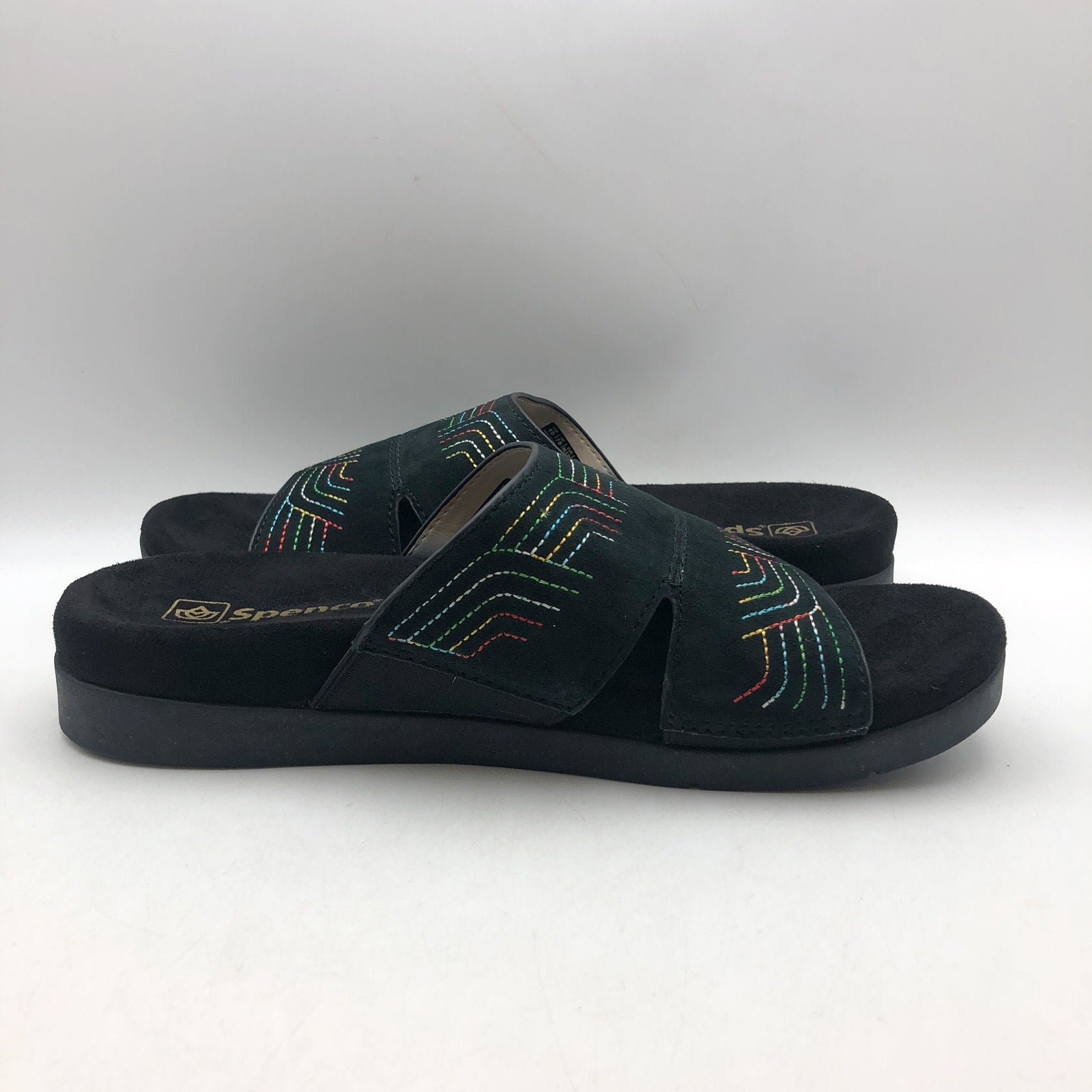 Spenco Womens Twilight Ellie Slide Sandals US 9 WIDE Black Space Dye Leather NIB