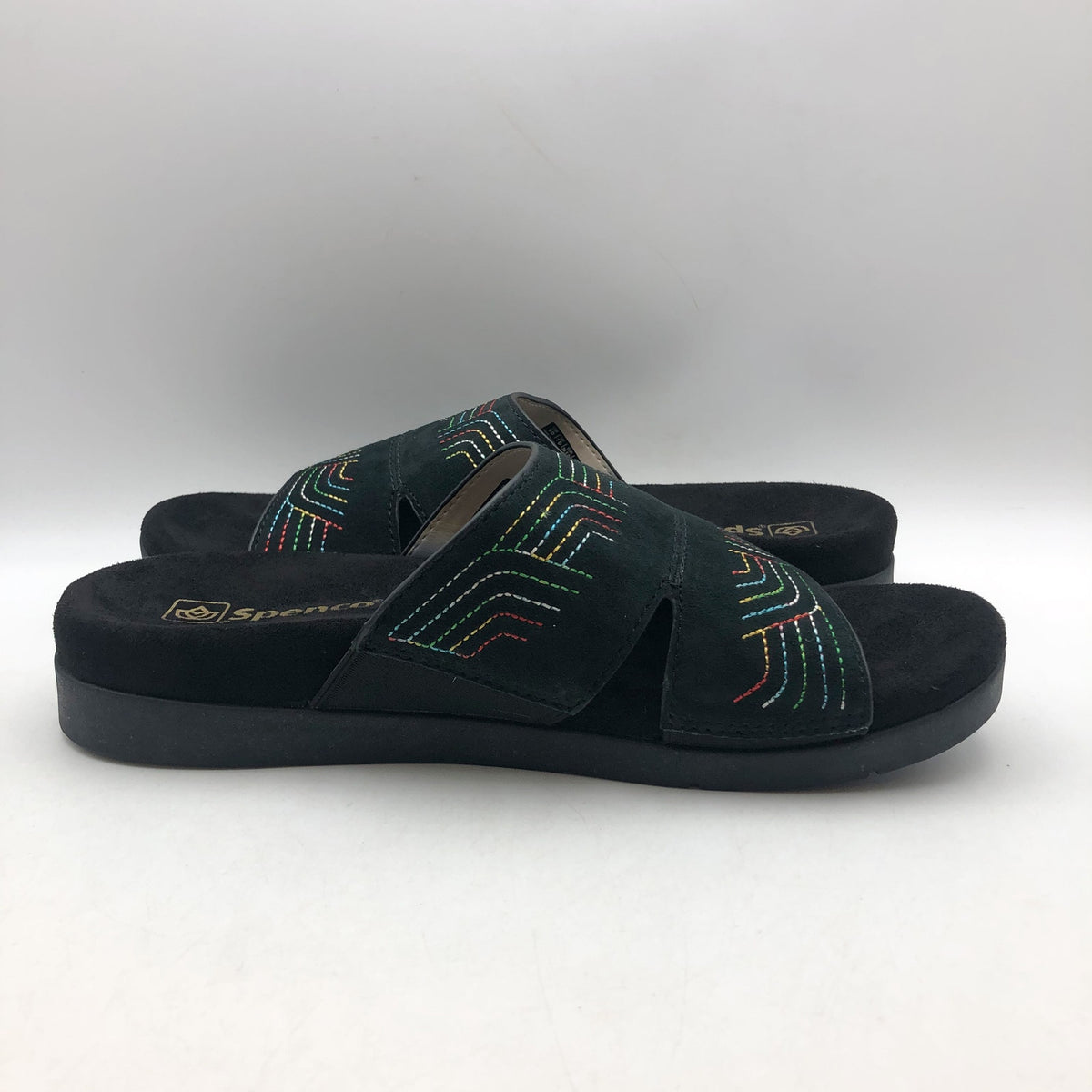 Spenco Womens Twilight Ellie Slide Sandals US 9 WIDE Black Space Dye Leather NIB