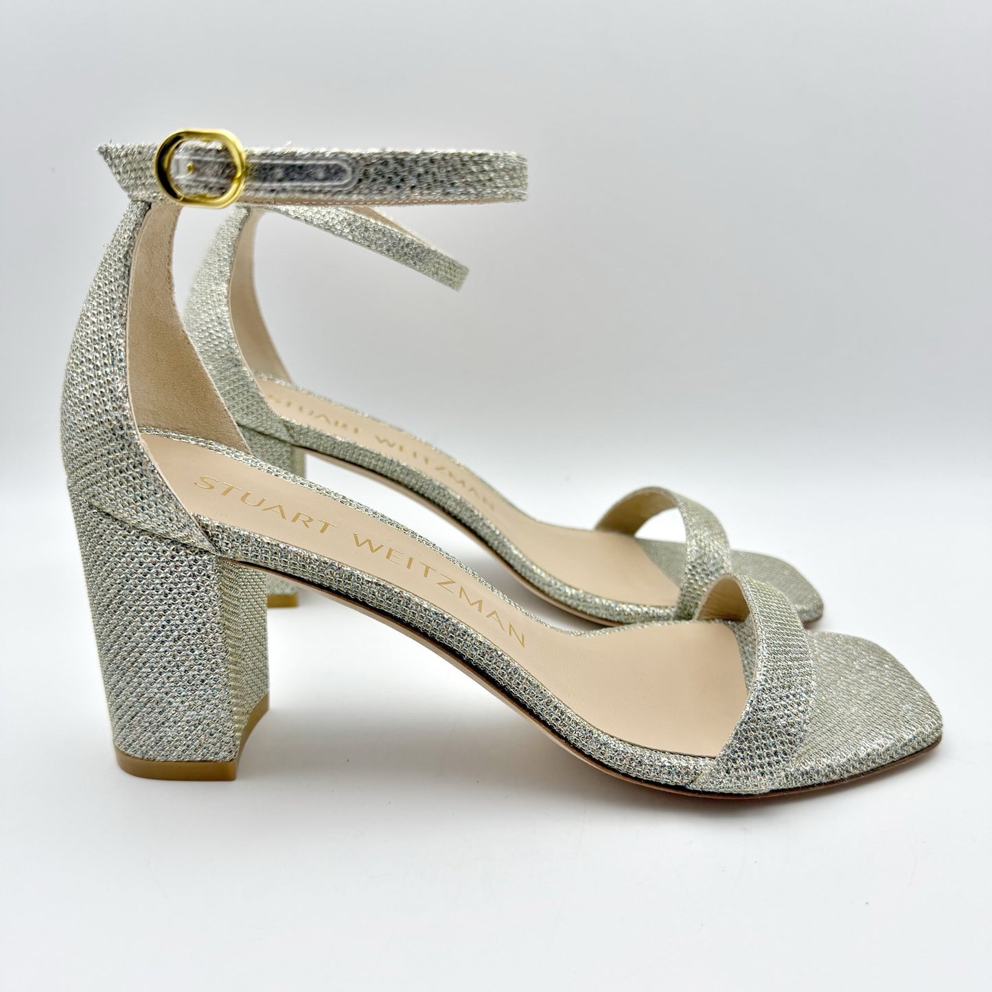 Stuart Weitzman Womens Nudistcurve 75 Block Heeled Sandal US 7.5 B Silver NIB