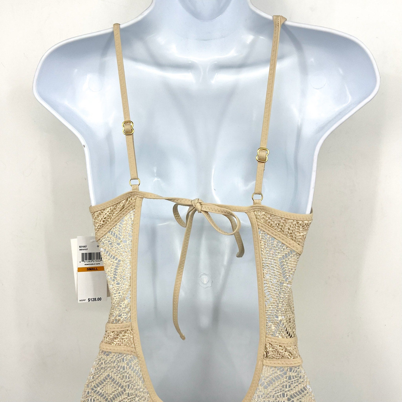 BECCA Women's Polished Crochet Plunge One Piece Swimsuit Small Gold NWT