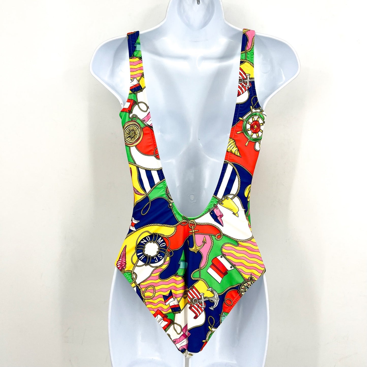 MOSCHINO Women's Allover Nautical Print One Piece Swimsuit Size 6 Red Blue NWOT