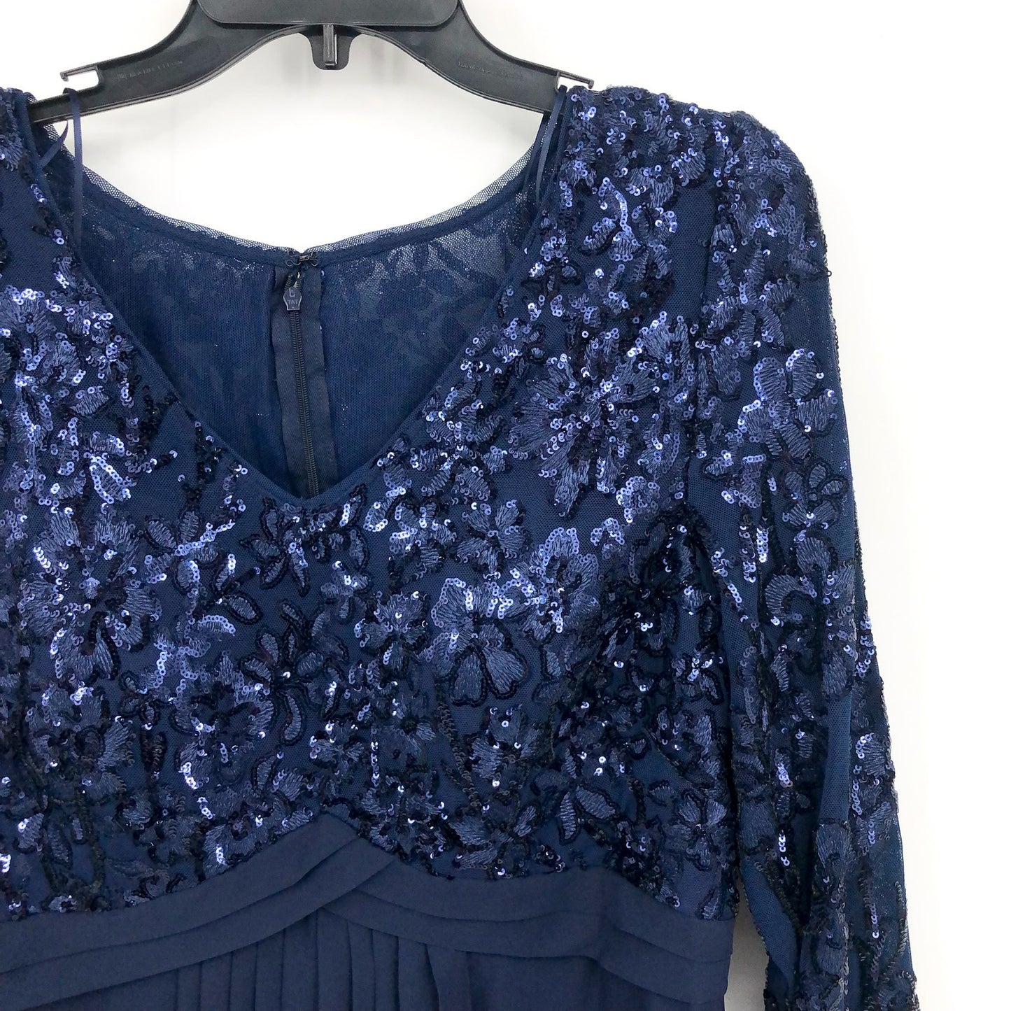 ALEX EVENINGS Sequin Gown Size 12 Navy Blue Cascade Empire-Waist MOB Guest NWT