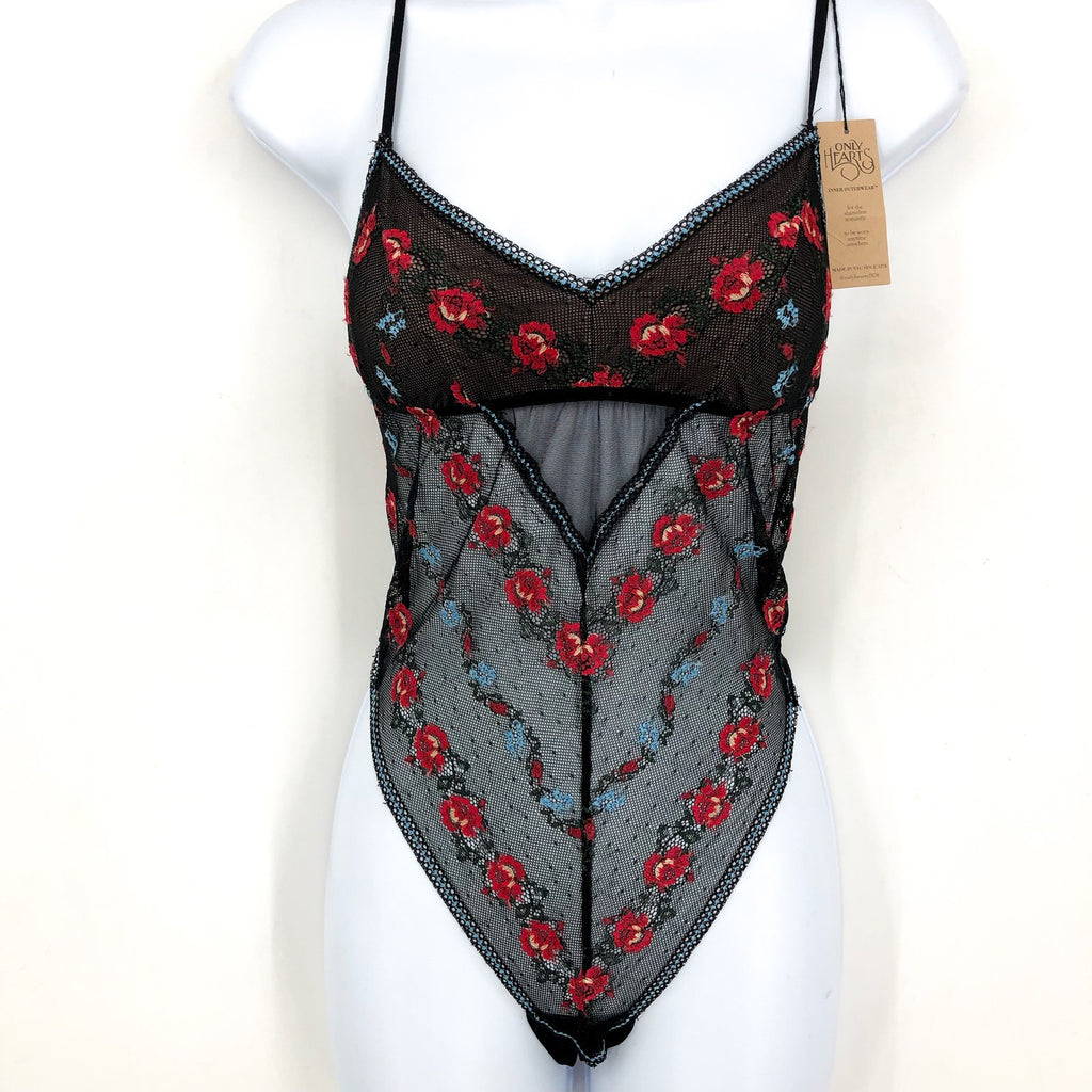 ONLY HEARTS Beatrix Chevron Bodysuit Small Black Embroidered Rose NWT