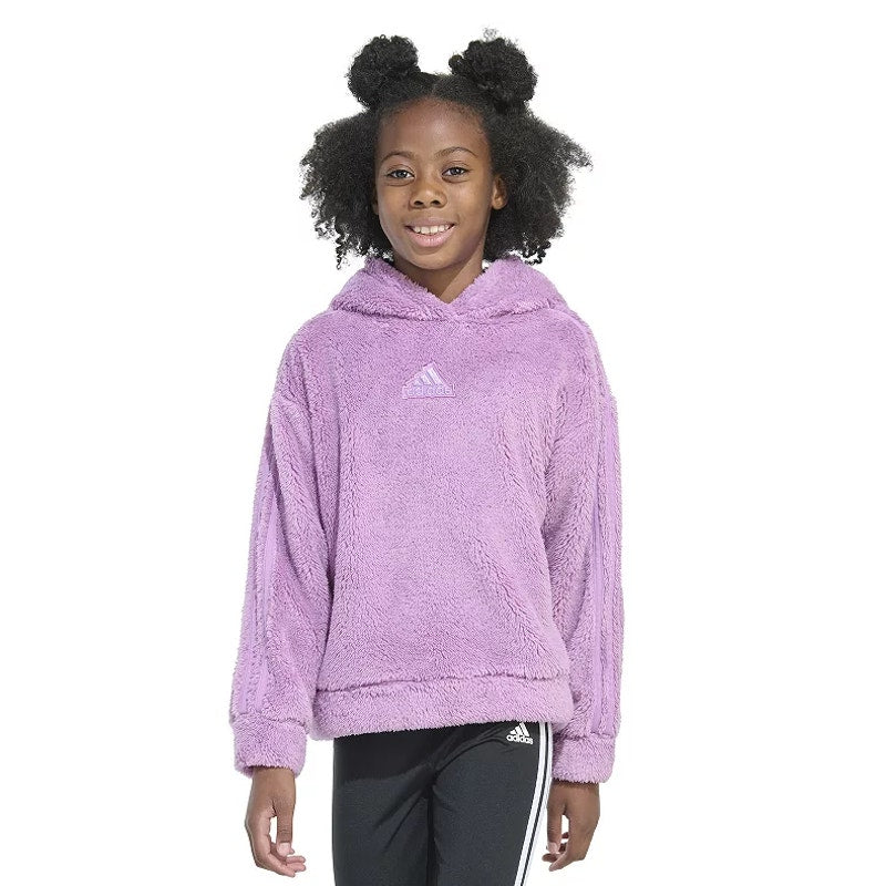 ADIDAS Girls Cozy Sherpa Hood Pullover Sweatshirt Large Purple Fuzzy NWT