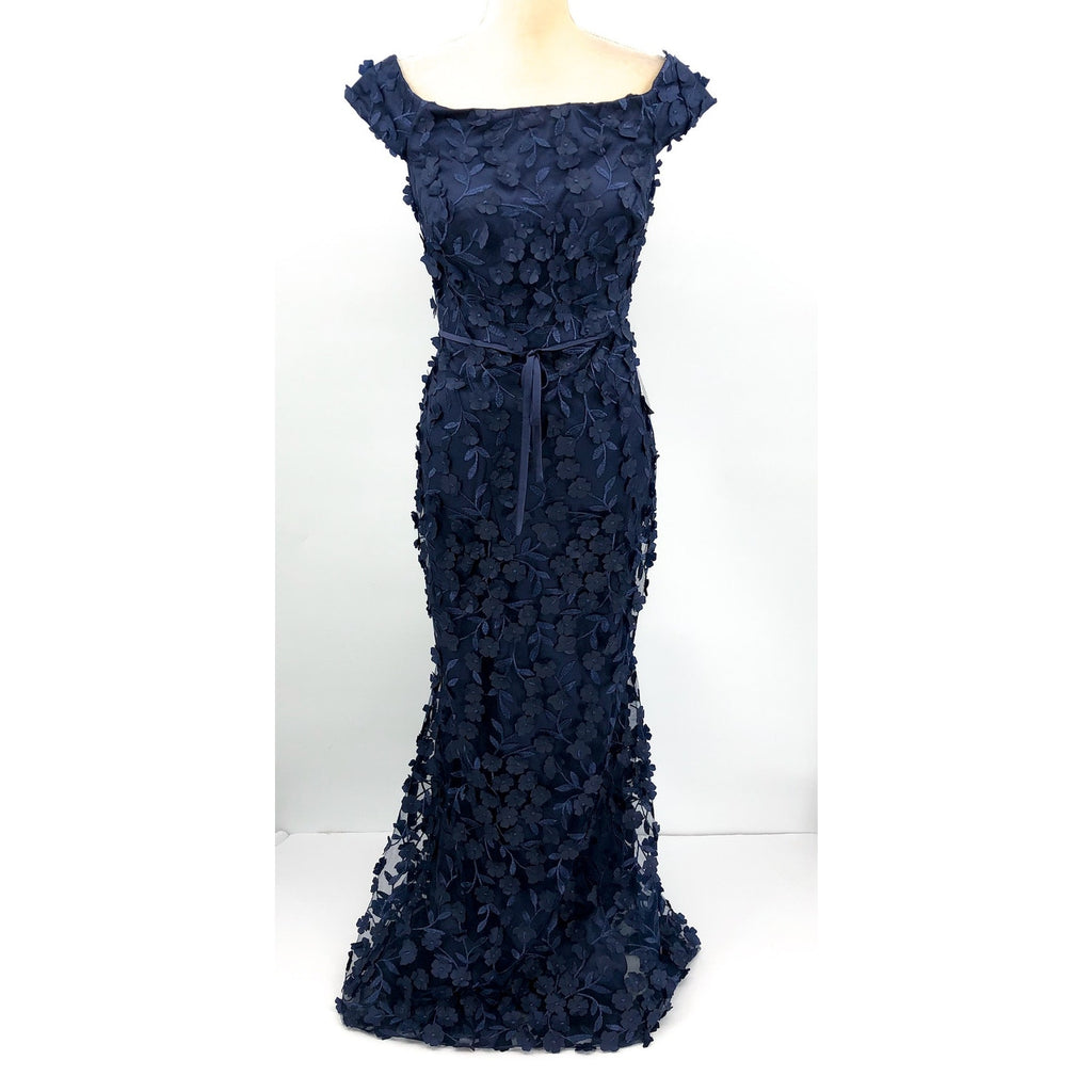 ELIZA J Women's Off The Shoulder 3D Floral Gown Size 10 Navy Blue Tie Dress NWOT
