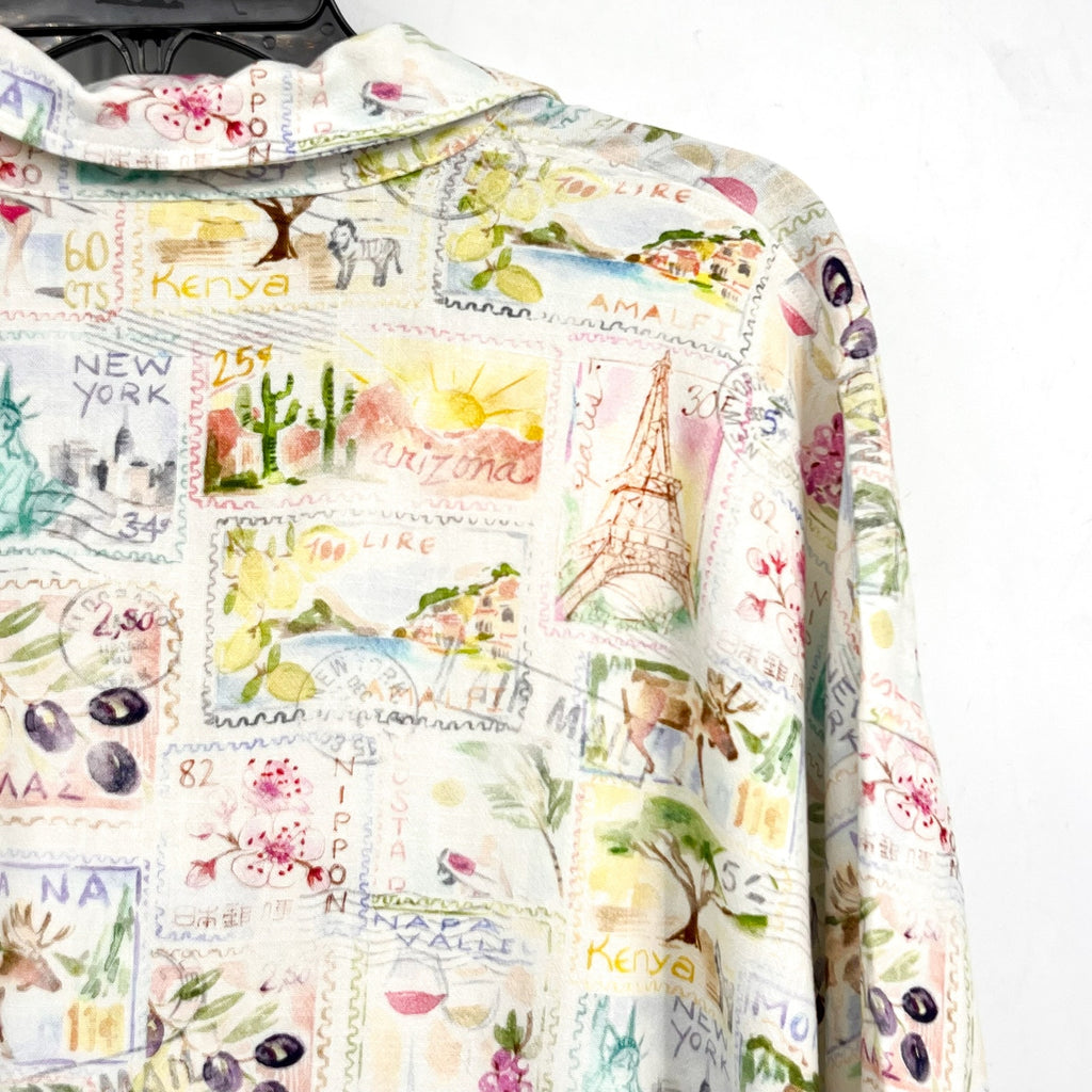 SPLENDID Women's Coastal Postcard Top Medium White Print Linen Blend Blouse NWT