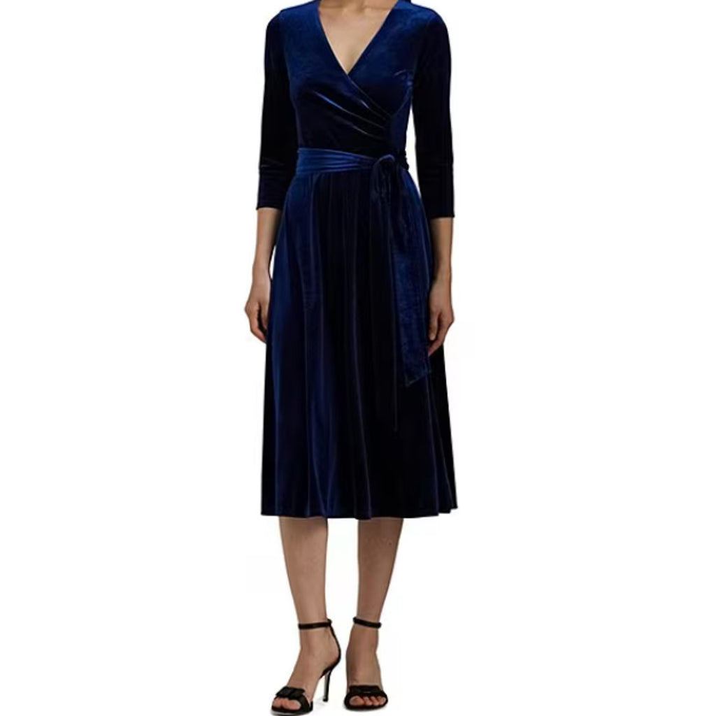 LAUREN RALPH LAUREN Women's Surplice V Neck Velvet Midi Dress Size 10 Blue NWT