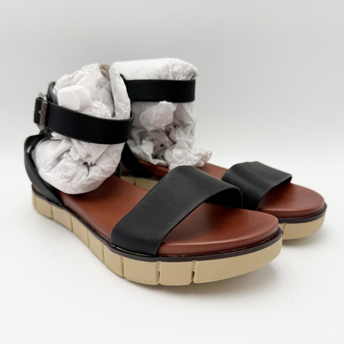 MIA Womens Emilia Sandals Size 6 Black Vegan Leather Flat Platform NWOB