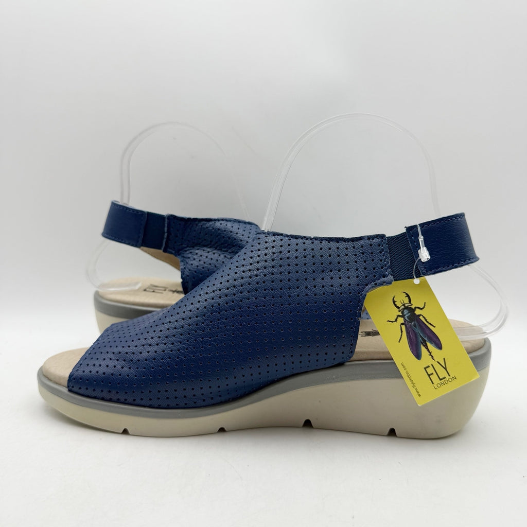 Fly London Womens Nisi Wedge Sandals EU 38 US 7.5-8 Blue Leather NWT