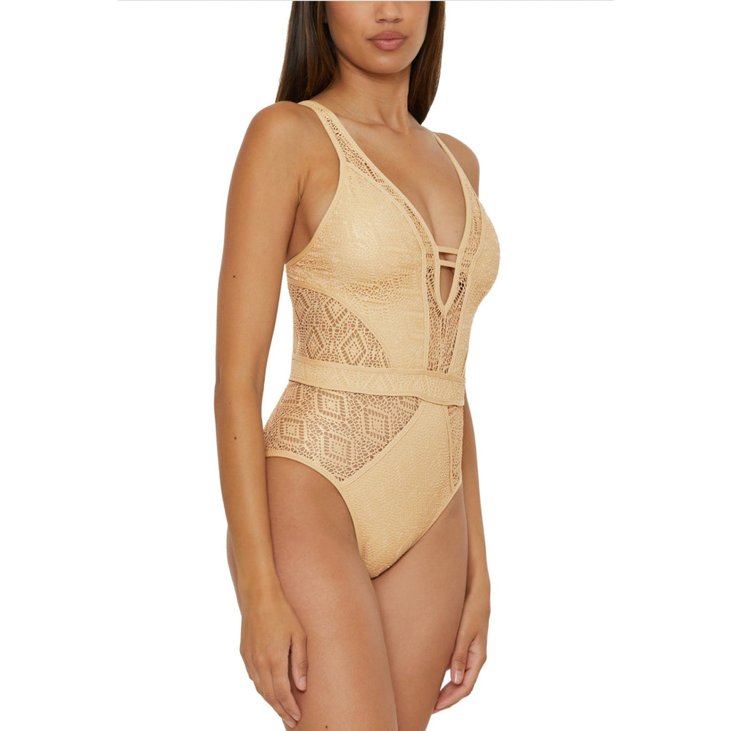 BECCA Women's Polished Crochet Plunge One Piece Swimsuit Small Gold NWT