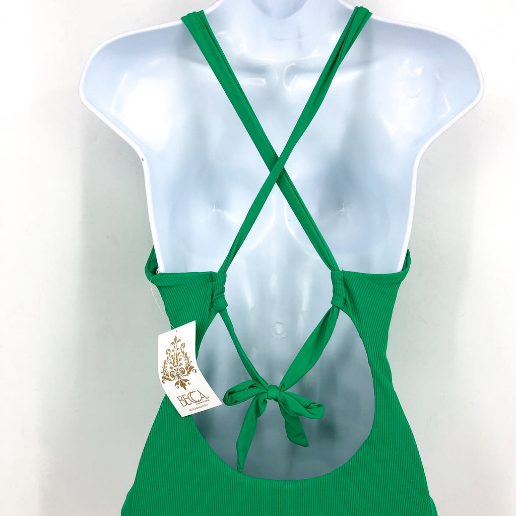 BECCA Women's Gia Plunge One Piece Swimsuit Small Green Lace Up Modern Edge NWT