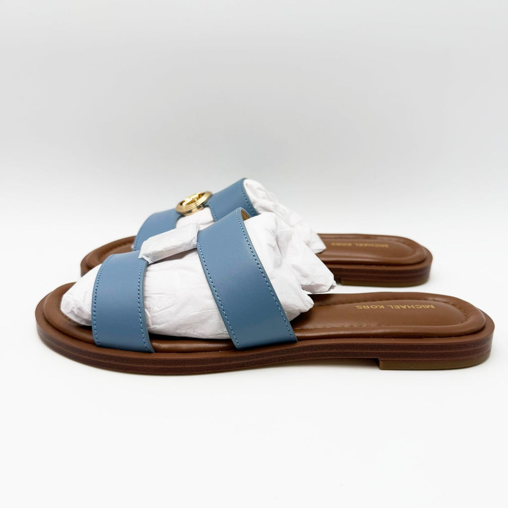 Michael Kors Womens Erin Leather Flat Sandals Size 6.5 Light Blue Chambray NIB