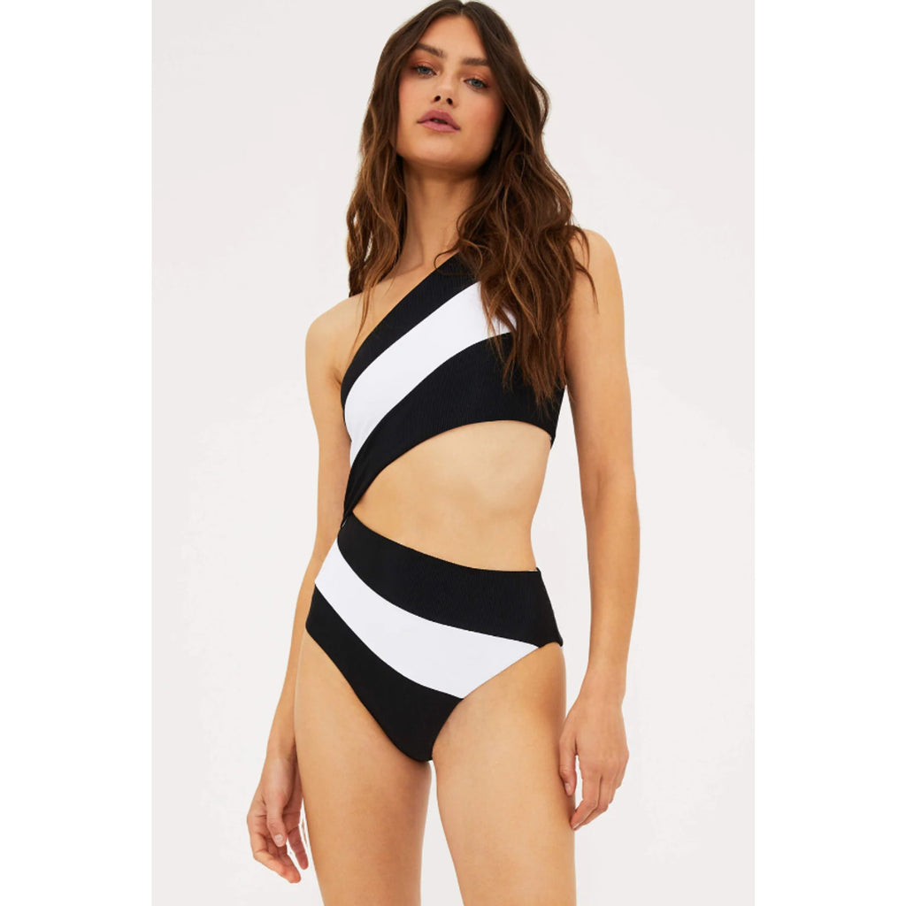 BEACH RIOT Women's Joyce One Shoulder One Piece Swimsuit Large Black White NWT
