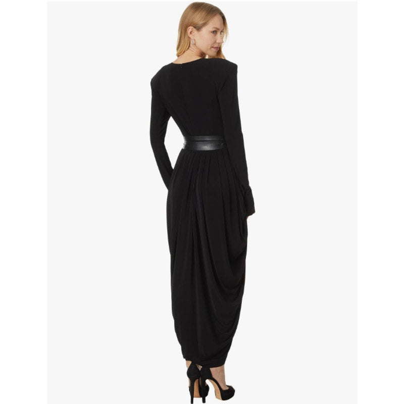 NORMA KAMALI Shoulder Pad Waterfall Dress XS/34 Black V Neck Stretch LS NWT