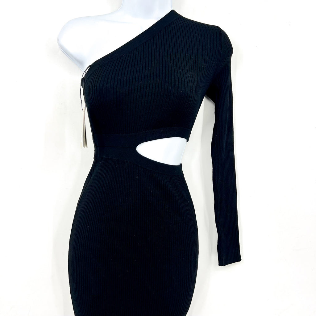 ALLSAINTS Daisy Cut Out Maxi Dress Small Black Asymmetric One Shoulder Knit NWT