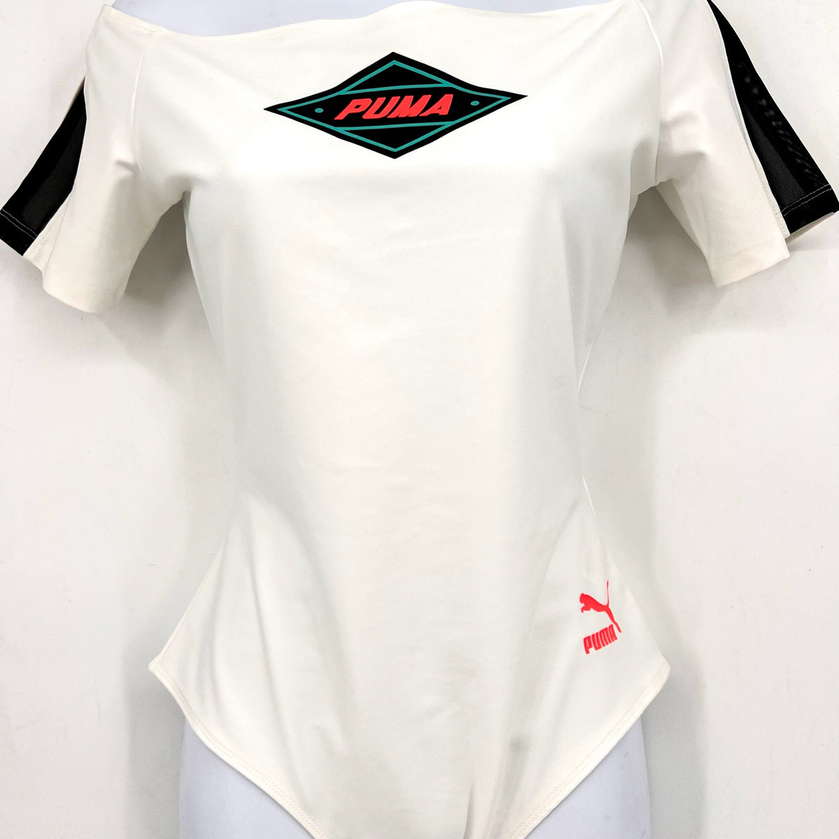 PUMA Women's XTG Bodysuit Shirt Medium White Multicolor Off Shoulder NWT