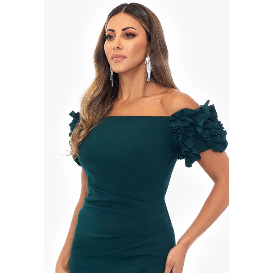 XSCAPE Women's Scuba Crepe Ruffle Midi Dress Size 6 Green Off the Shoulder NWT
