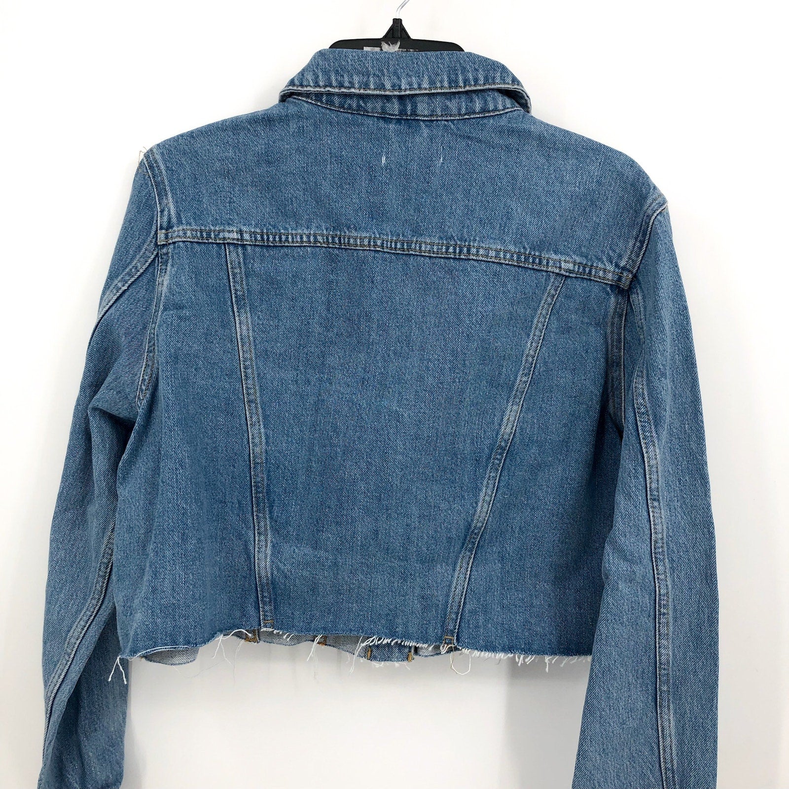 TOPSHOP Womens Cropped Denim Jacket Size 14 Blue Rigid Denim Raw Hem NWT