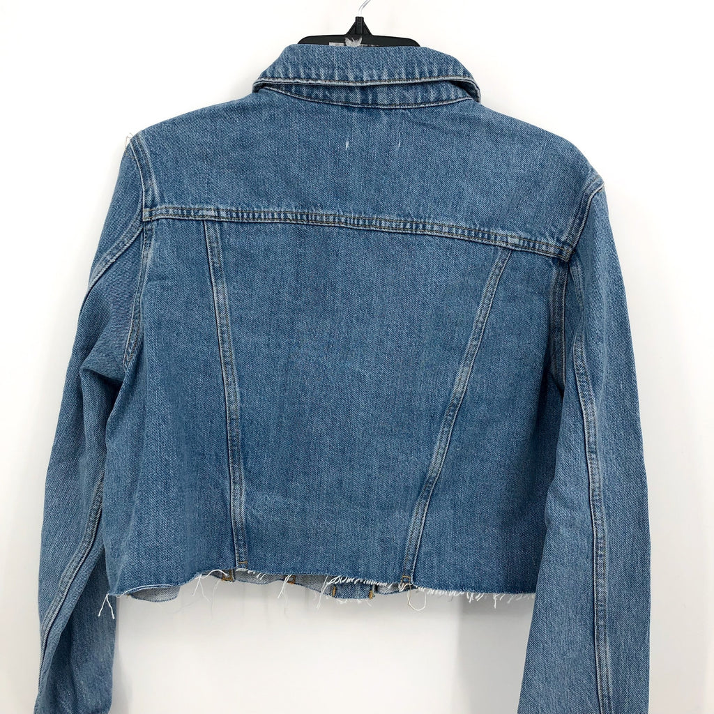 TOPSHOP Womens Cropped Denim Jacket Size 14 Blue Rigid Denim Raw Hem NWT