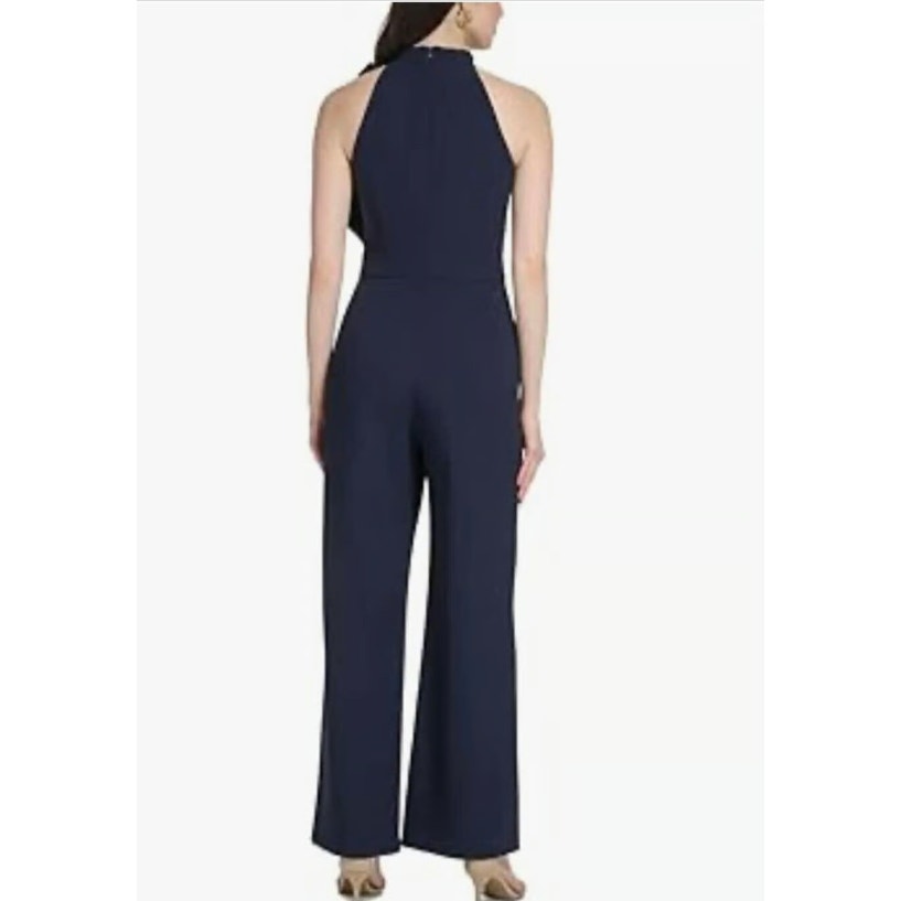 VINCE CAMUTO Signature Crepe Bow Jumpsuit Size 16 Navy Blue Halter Neck NWT