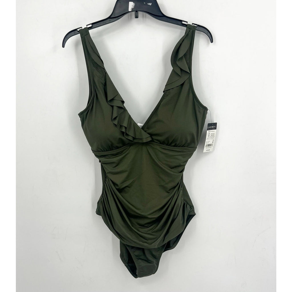 LAUREN RALPH LAUREN Ruffle One Piece Swimsuit Size 16 Olive Green Beach Club NWT