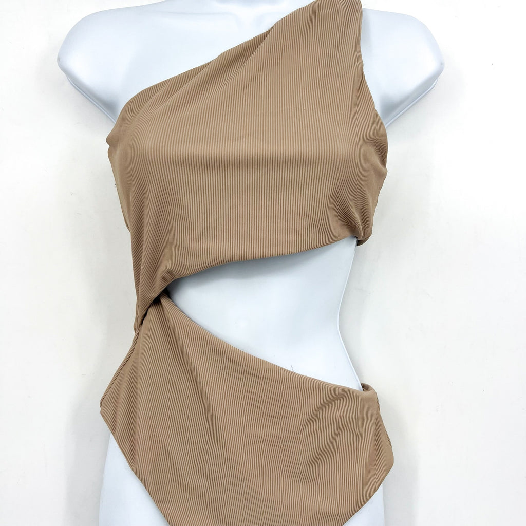 BEACH RIOT Women's Celine One Piece Swimsuit Medium Tan Cut Out One Shoulder NWT