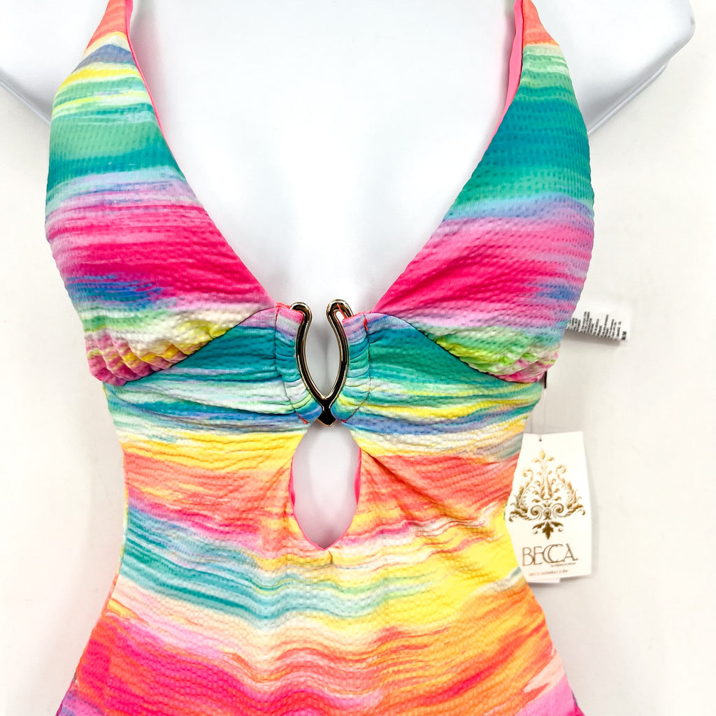 BECCA Women's Verano Plunge Neck One Piece Swimsuit Medium Pink Yellow NWT