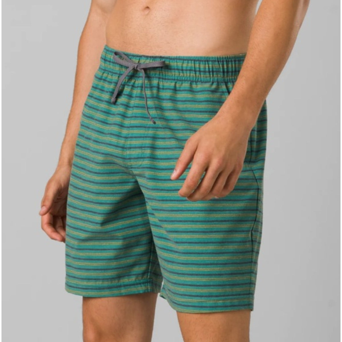 PRANA Men's Metric Swim Shorts Large Green Blue Cove Stripe 8" Inseam NWT