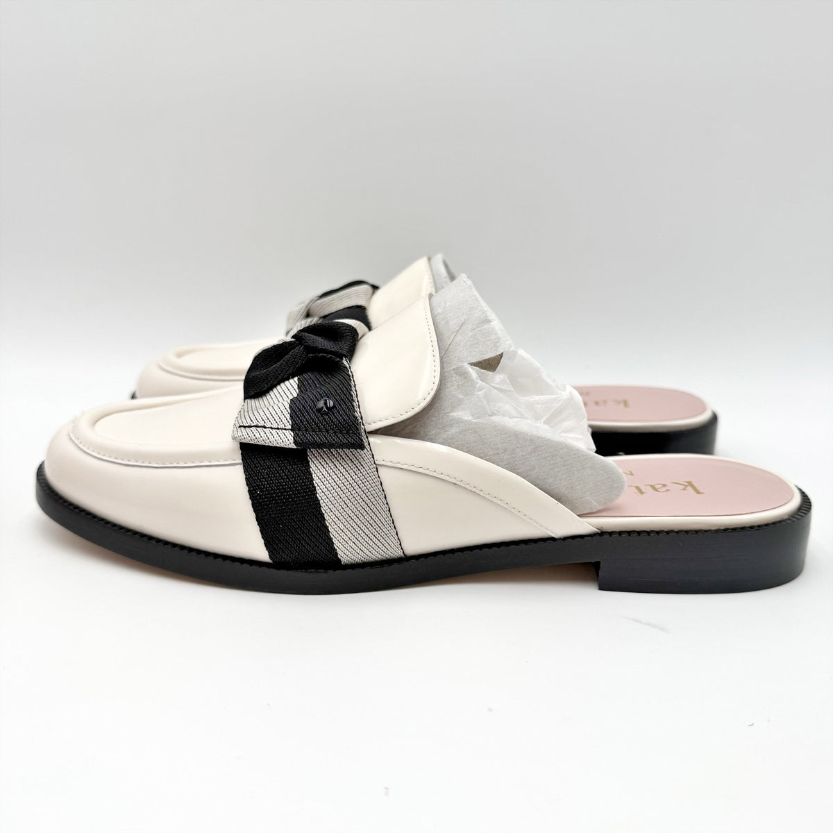 Kate Spade Womens Leandra Mule Loafer Size 9 Cream Patent Leather Twill Bow NIB