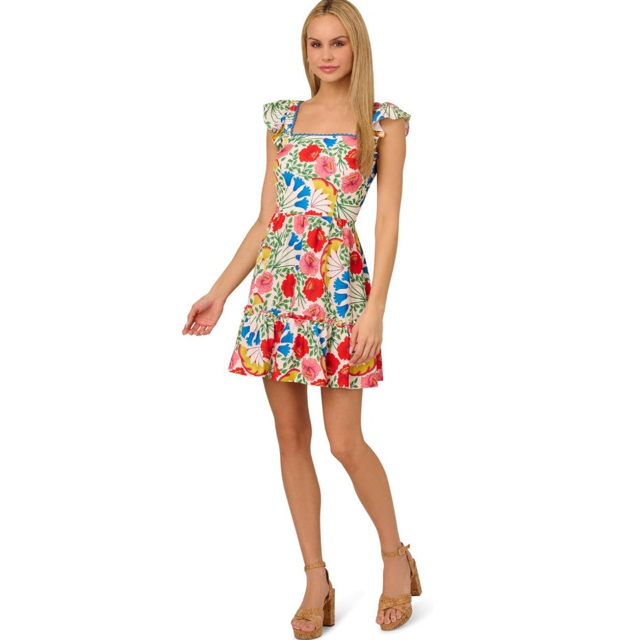 ADRIANNA PAPELL Women's Flutter Sleeveless Short Dress Size 6 White Multi NWT