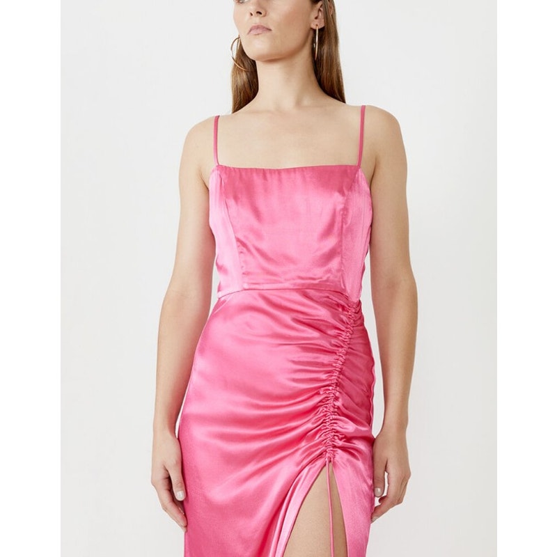 BARDOT Women's Zadie Midi Dress XS US 4 Raspberry Pink Satin Ruched NWT