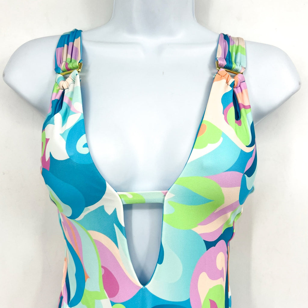 BECCA Women's All That Glitters One-Piece Swimsuit Small Blue Plunging Neck NWT