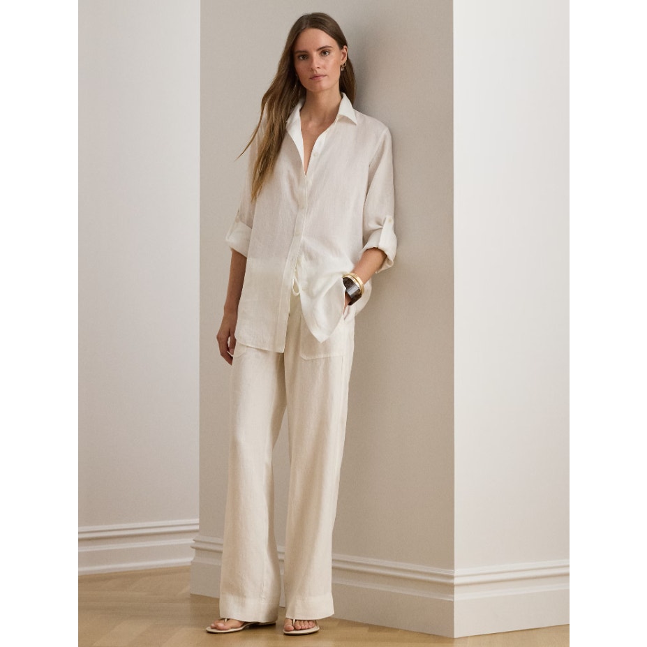 LAUREN RALPH LAUREN Womens Linen Shirt Medium White Roll Tab Sleeve NWT