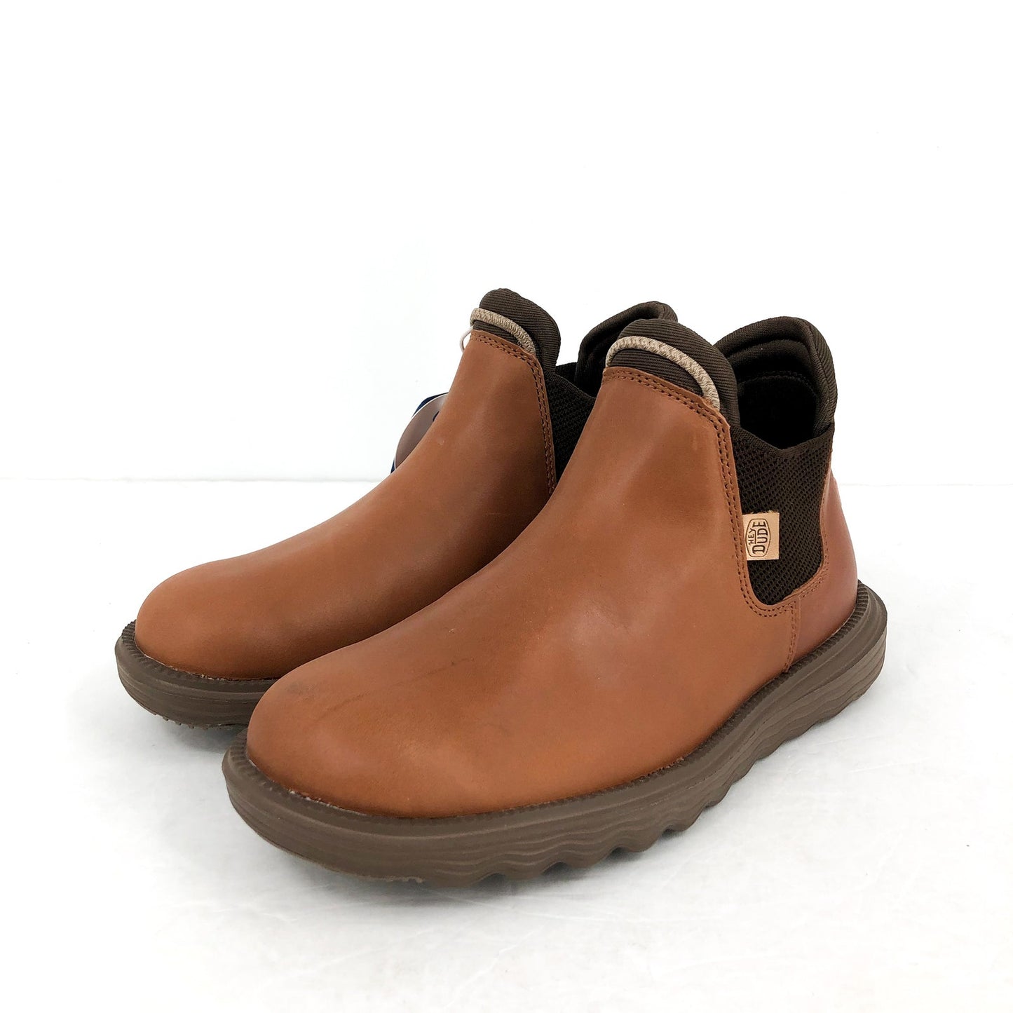 HEY DUDE Womens Branson Ankle Boots US 7 Cognac Leather Pull-On NIB