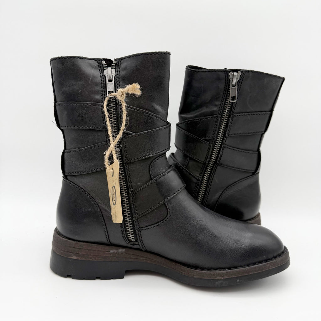 Born Womens Mayne Mid Calf Boots US 6 M EU 36.5 Black Leather Combat Buckle NIB