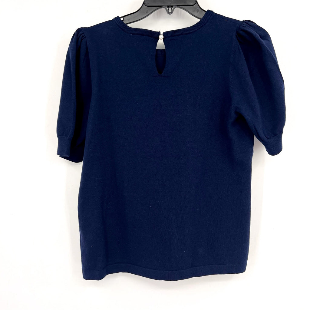 CECE Womens Knit Top Small Classic Navy Blue Pearl Button Short Sleeve NWT