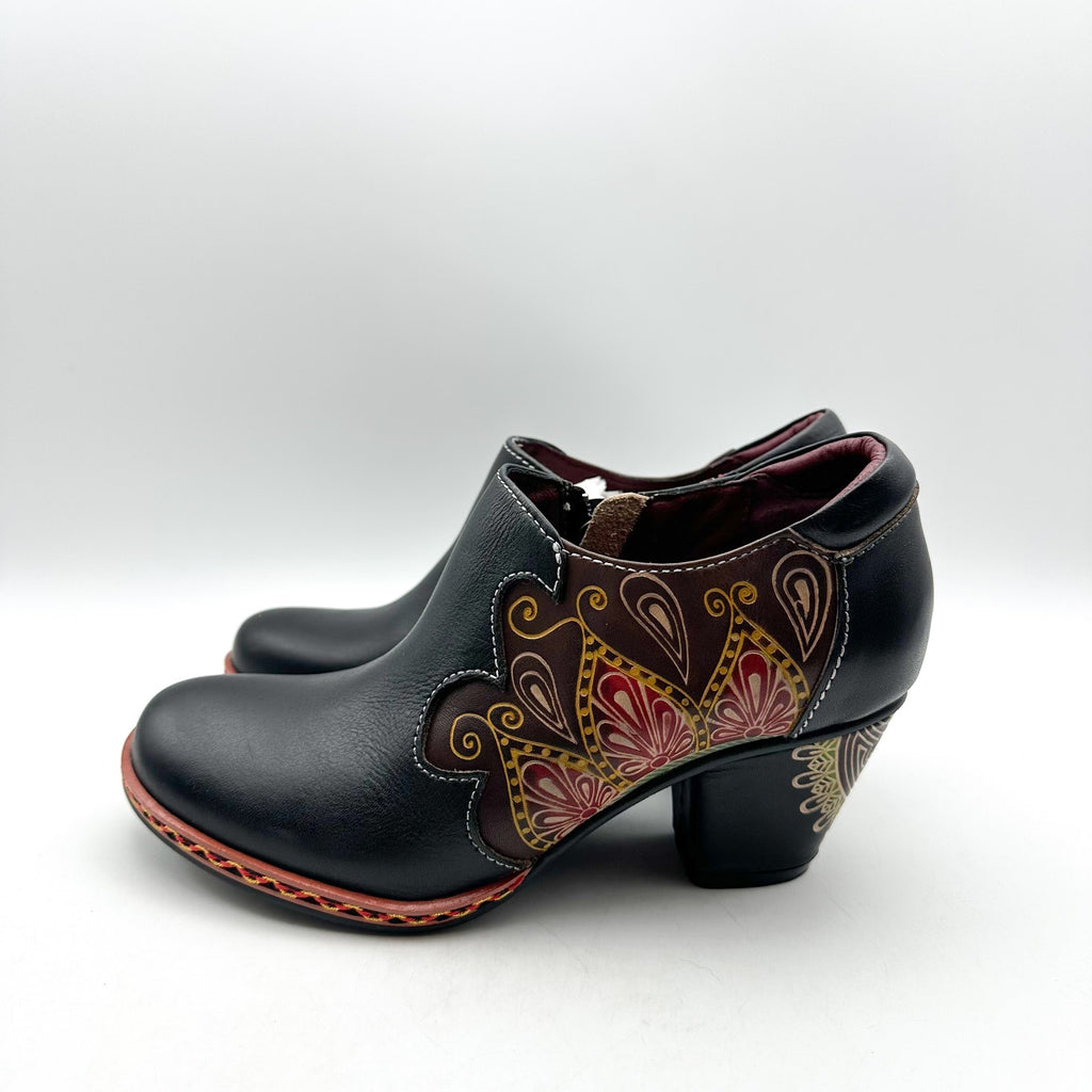 L'ARTISTE Womens Zami Heeled Bootie EU 35 US 5 Black Multi Embossed Leather NWOB