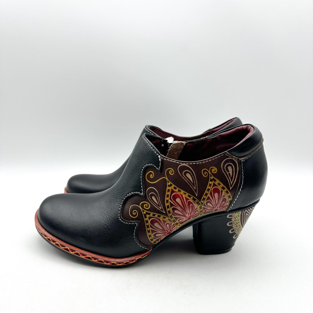 L'ARTISTE Womens Zami Heeled Bootie EU 35 US 5 Black Multi Embossed Leather NWOB