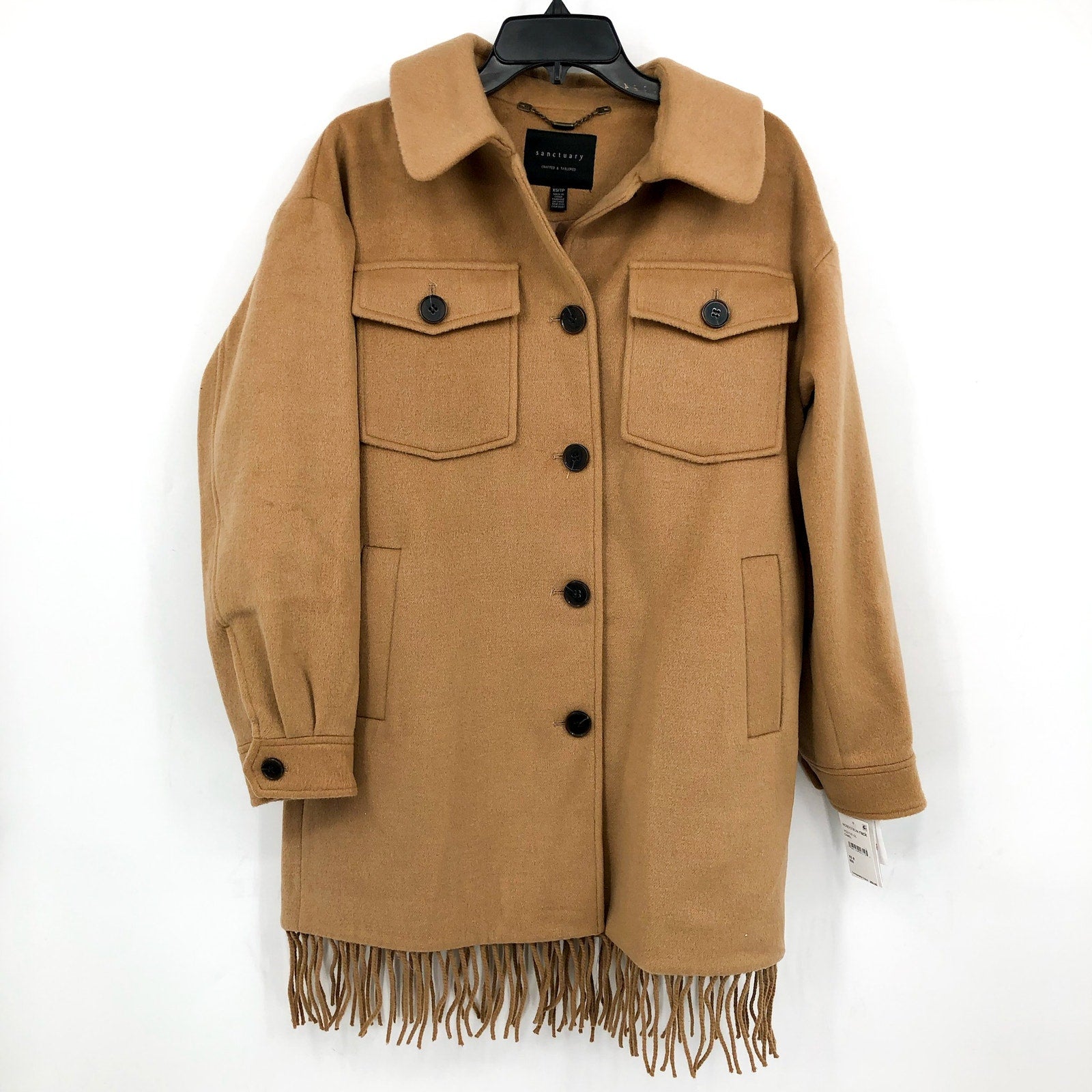 SANCTUARY Womens Fringe Coat Large Camel Tan Wool Blend NWT