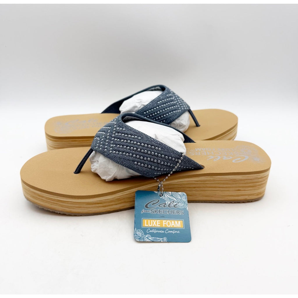 Skechers Womens Summers Mid Wedge Thong Sandals Size 10 EU 40 Slate Blue Tan NIB