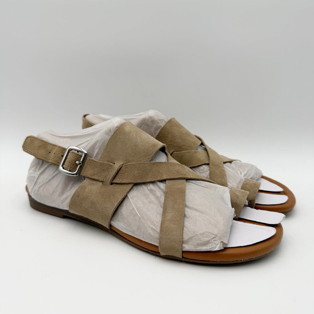 Franco Sarto Womens Gia Flat Sandals Size 7.5 M EU 38 Taupe Tan Suede NWOB