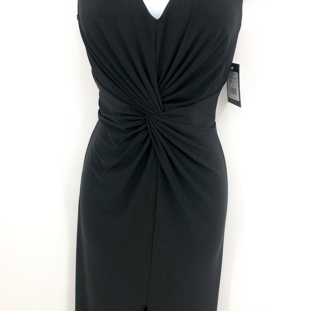 MARINA Women's Long Dress Small Black Crepe V Neck Knot Front Sleeveless NWT