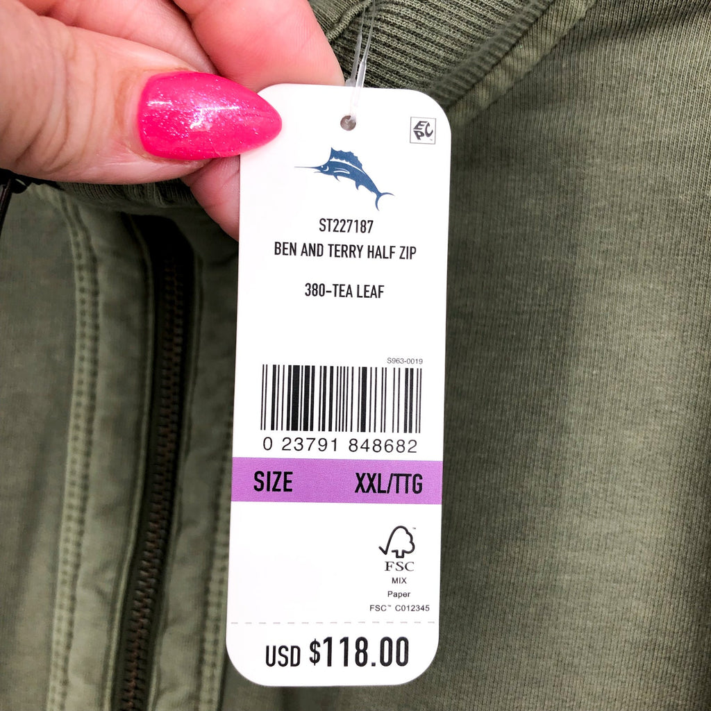 TOMMY BAHAMA Men's Ben And Terry Half Zip Sweatshirt XXL Green Tea Leaf NWT