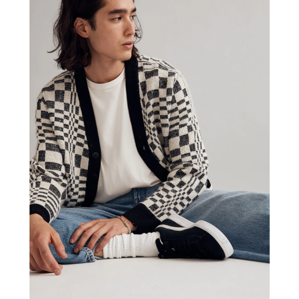 Corridor Mens Optic Alpaca Cardigan XL Black Check Print Sweater NH809 NWT