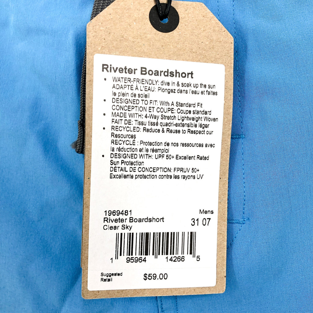 PRANA Men's Riveter Board Shorts Small Size 31 Blue Clear Sky 7" Inseam NWT