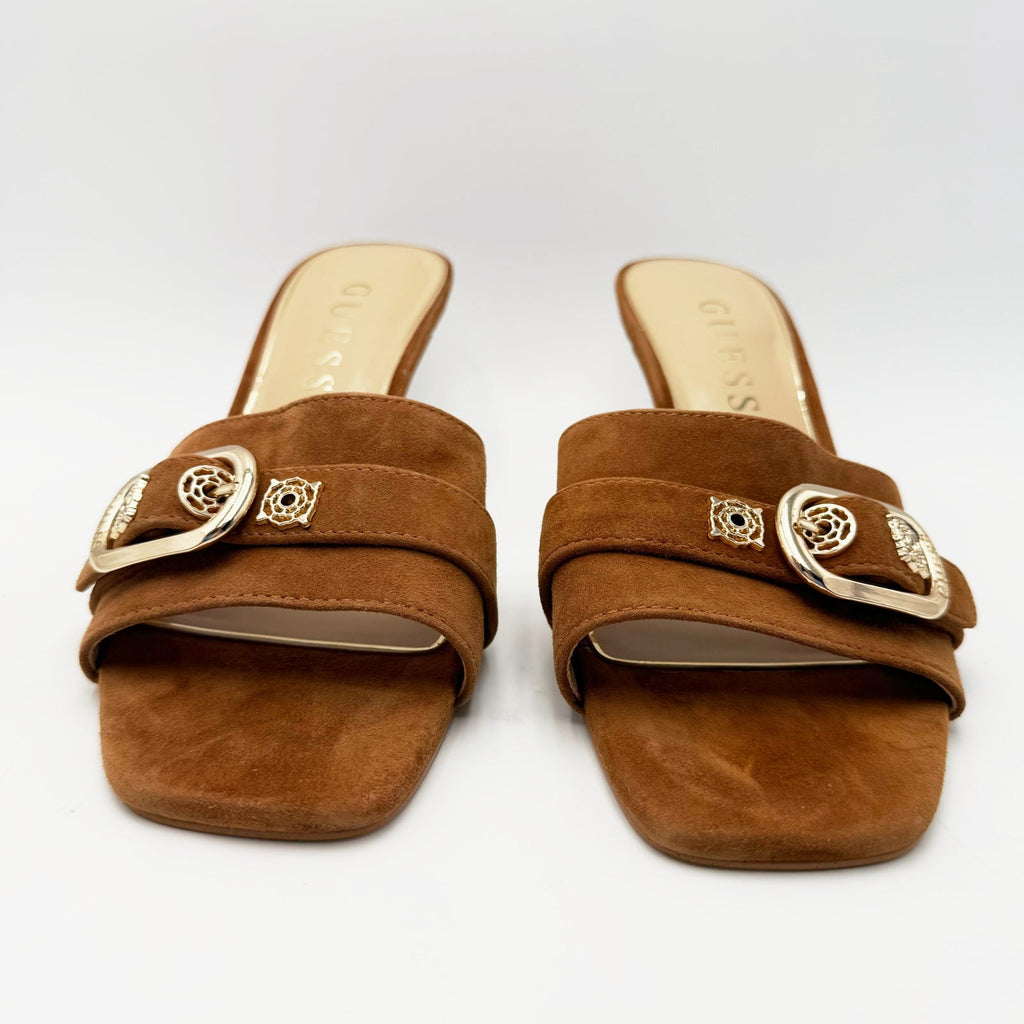 Guess Womens Dittara Kitten Heel Slide Sandals Size 10 Brown Cognac Suede NWOB