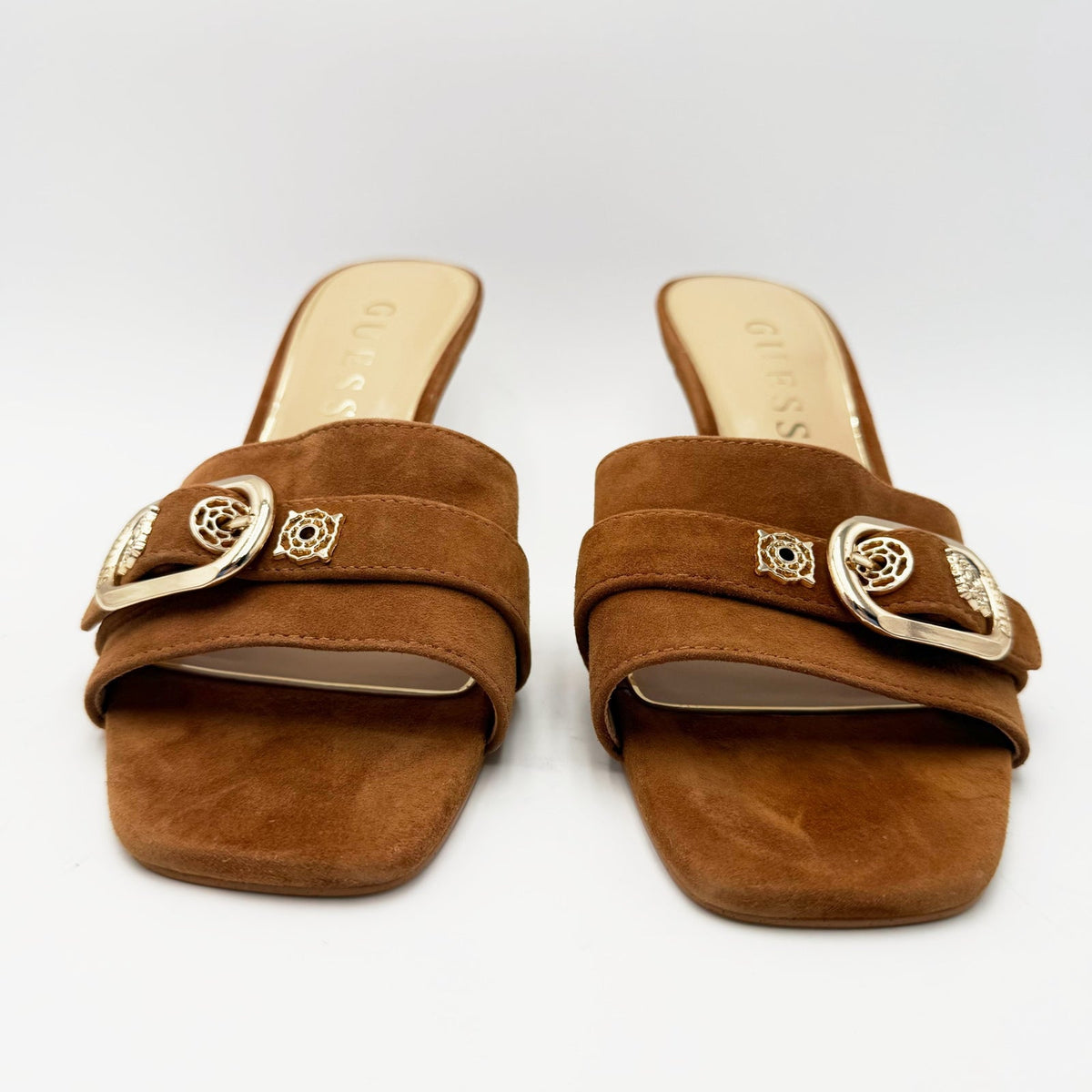 Guess Womens Dittara Kitten Heel Slide Sandals Size 10 Brown Cognac Suede NWOB