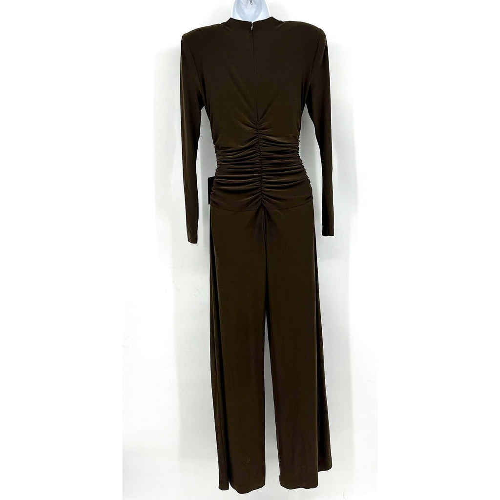 Norma Kamali V-Neck Shirred Waist Jumpsuit XS/34 Chocolate Brown Long Sleeve NWT