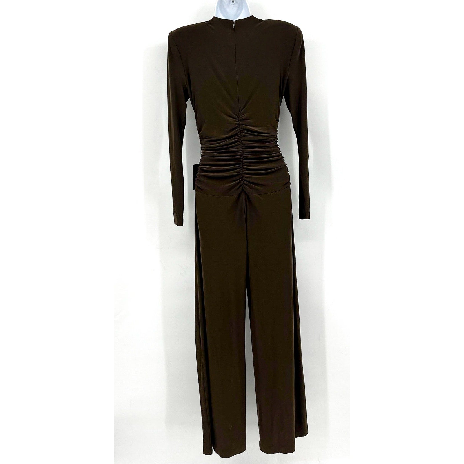 Norma Kamali V-Neck Shirred Waist Jumpsuit XS/34 Chocolate Brown Long Sleeve NWT